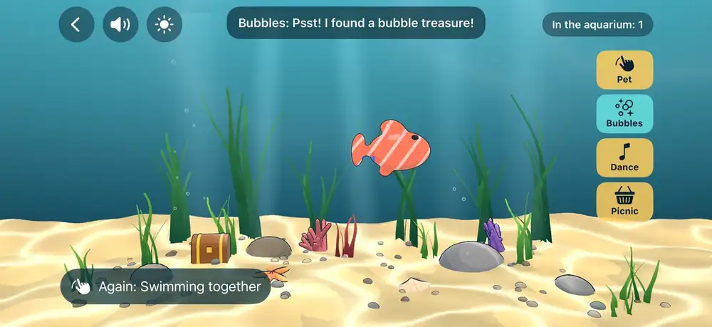 The colored fish swimming in the app's 3D ocean, saying “Psst! I found a bubble treasure!”