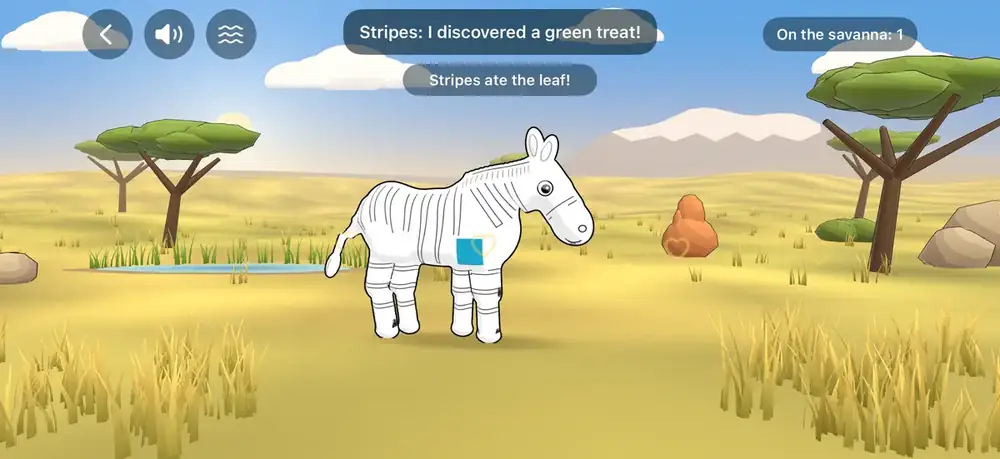 A zebra on the savanna: “Stripes: I discovered a green treat!”